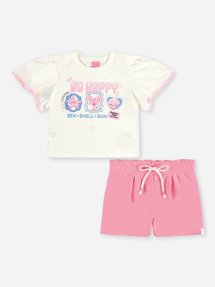 Conjunto Infantil Menina Blusa Boxy e Short Sea Shell com Strass