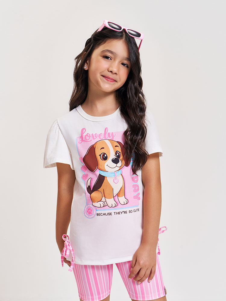 Conjunto Infantil com Blusa e Ciclista em Suplex – Look Menina Verão com Cachorrinho NATURAL/RS CONFETE