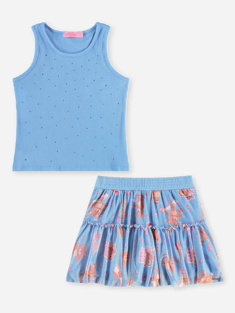 Conjunto Infantil Menina Regata com Strass e Saia-Short de Ursinhos