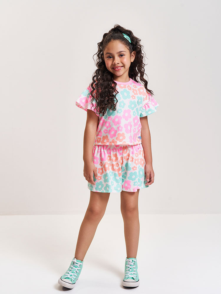Conjunto Infantil Neon Love com Blusa Boxy e Shorts em New Stretch Floral – Look Menina Verão ROSA BARBIE