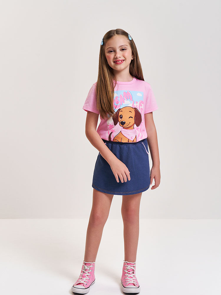 Camiseta Infantil com Estampa de Cachorrinho – Blusa Menina Verão com Strass ROSA IOGURTE