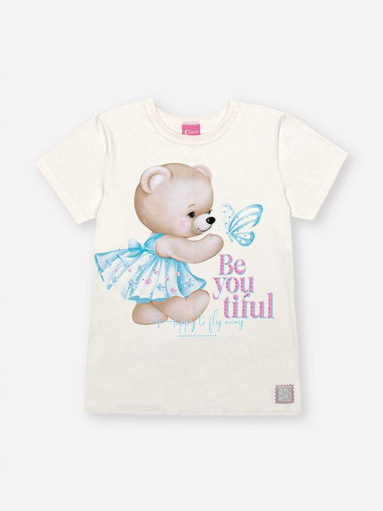 Conjunto Infantil com Blusa 100% Algodão e Legging em Suplex – Look Menina Verão com Ursinha e Stras NATURAL/AZ PORCELANA