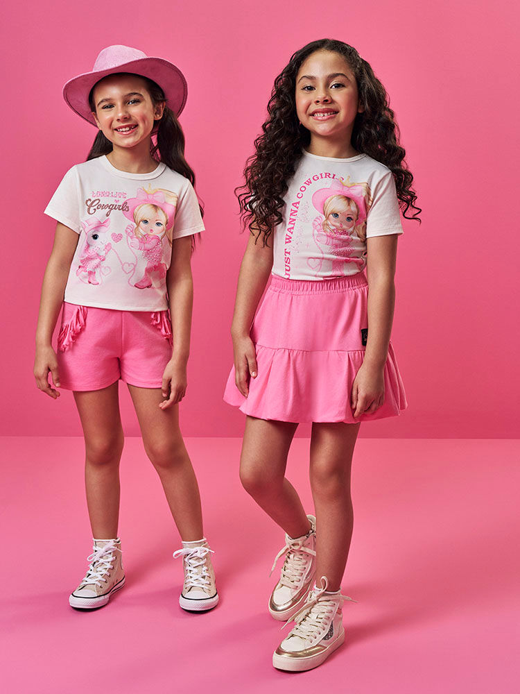 Conjunto Infantil com Blusa Princesa e Unicórnio Cowgirls e Saia Shorts em Cotton NATURAL/RS CONFETE