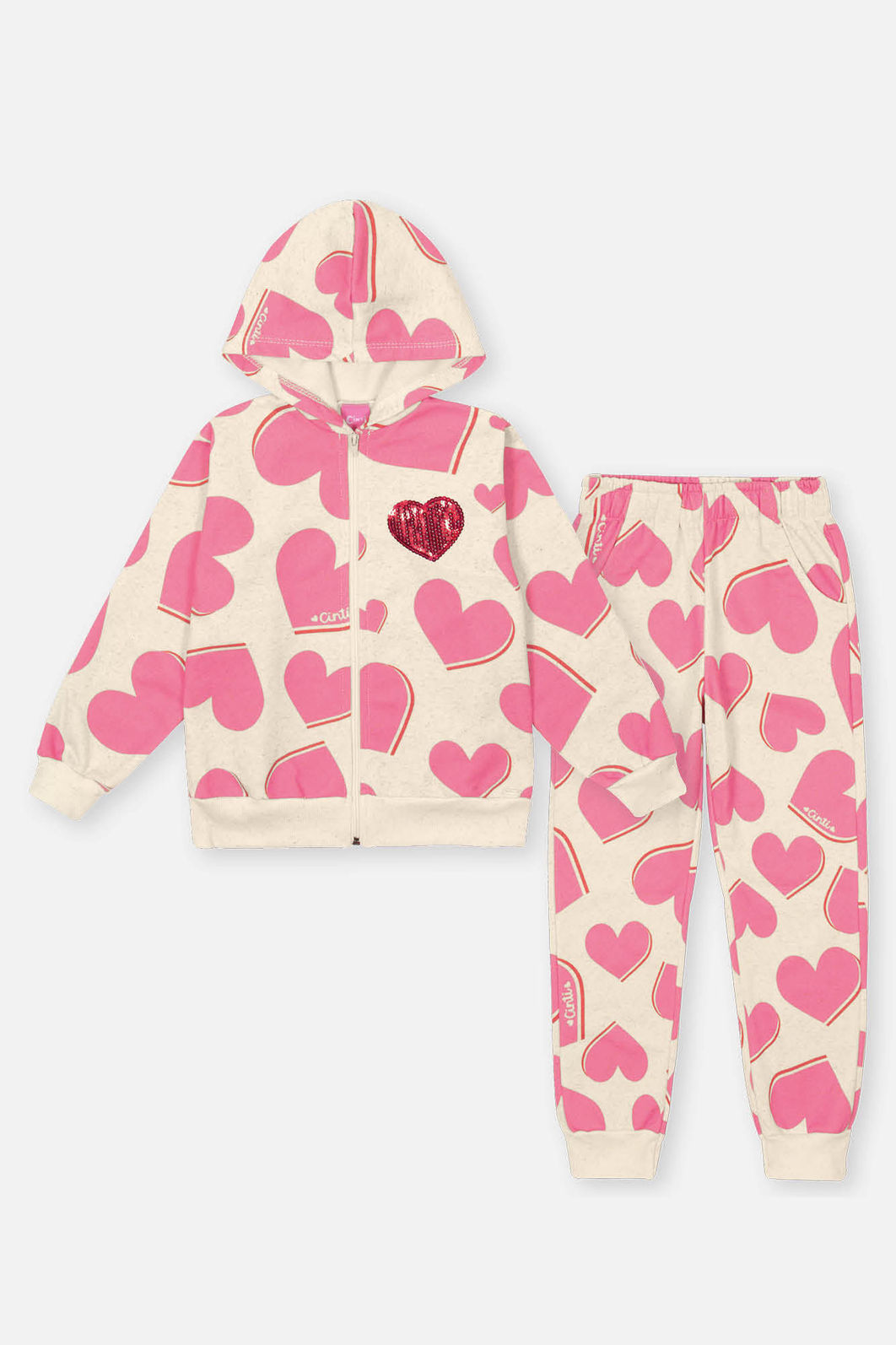 Conjunto Infantil Menina Jaqueta E Calça Corações Rosa Mundo Cinti