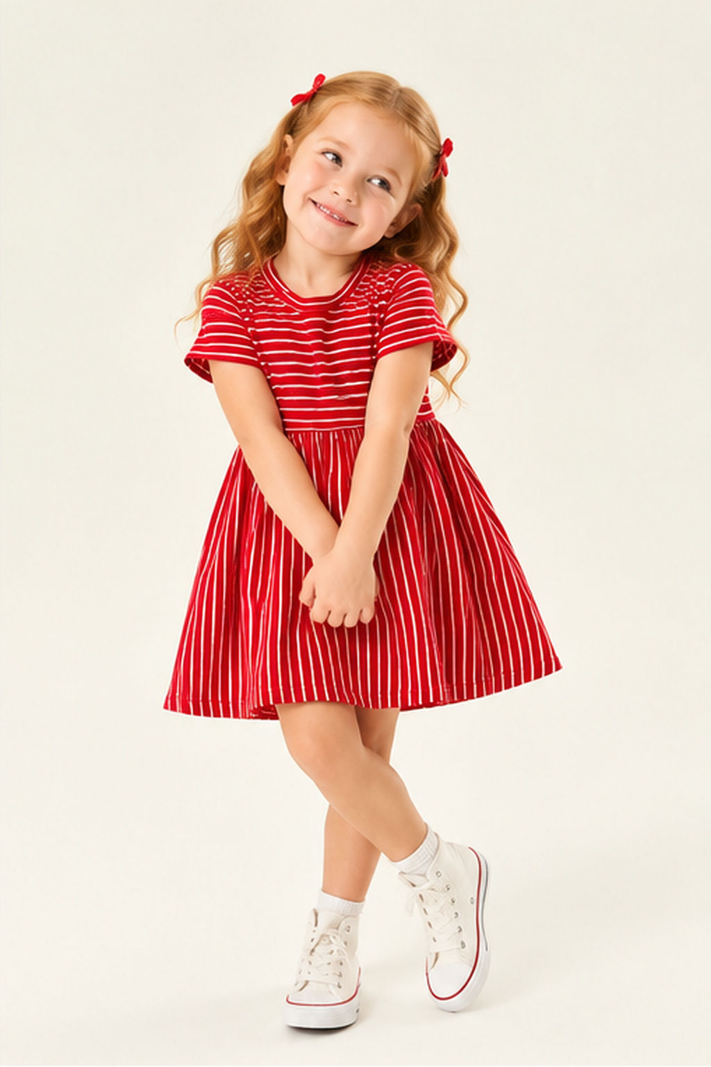 Vestido Infantil Canelado Evasê Manga Curta Listado Vermelho Vestido Infantil Canelado Evasê Manga Curta Listado Vermelho