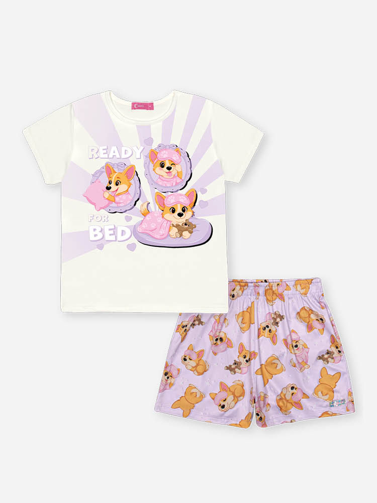 Pijama Infantil com Camiseta e Shorts em Malha Suede – Pijama Menina Verão Corgi NATURAL/LL BRUMA