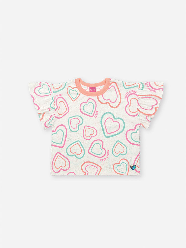 Conjunto Infantil Neon Love com Blusa Boxy e Shorts em Cotton Linho – Look Menina Verão com Estampa OFF WHITE