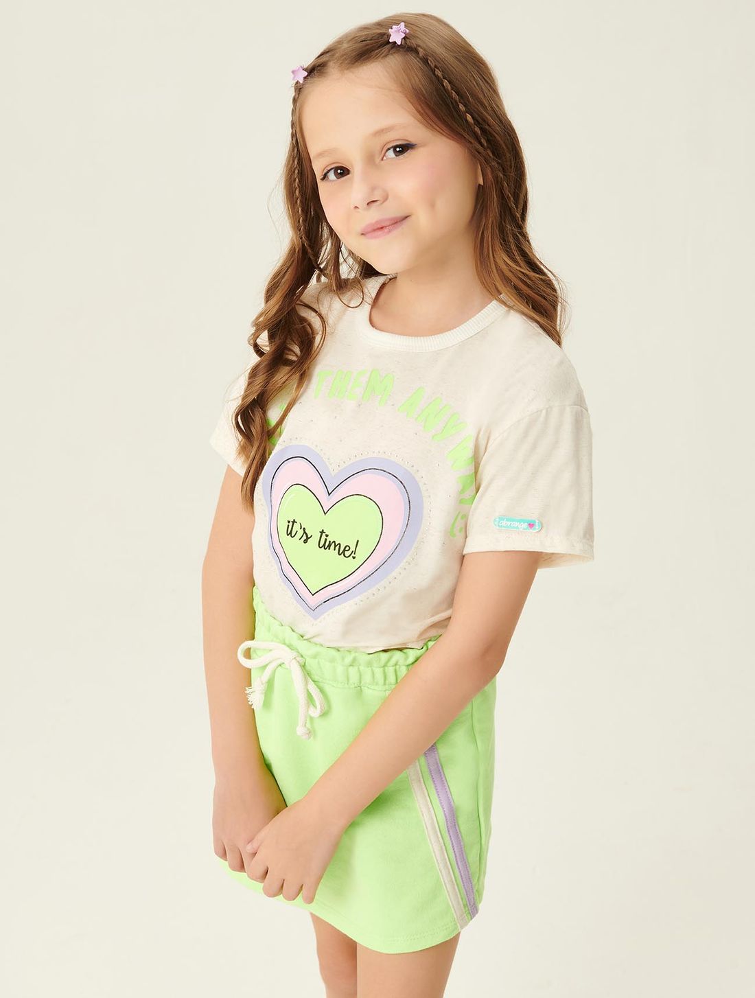 Conjunto Blusa E Short-Saia Love Off White E Verde Neon Abrange