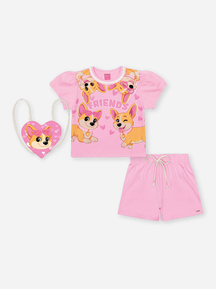 Conjunto Infantil com Blusa Boxy e Shorts com Bolsa – Look Menina Verão com Cachorrinhos ROSA IOGURTE