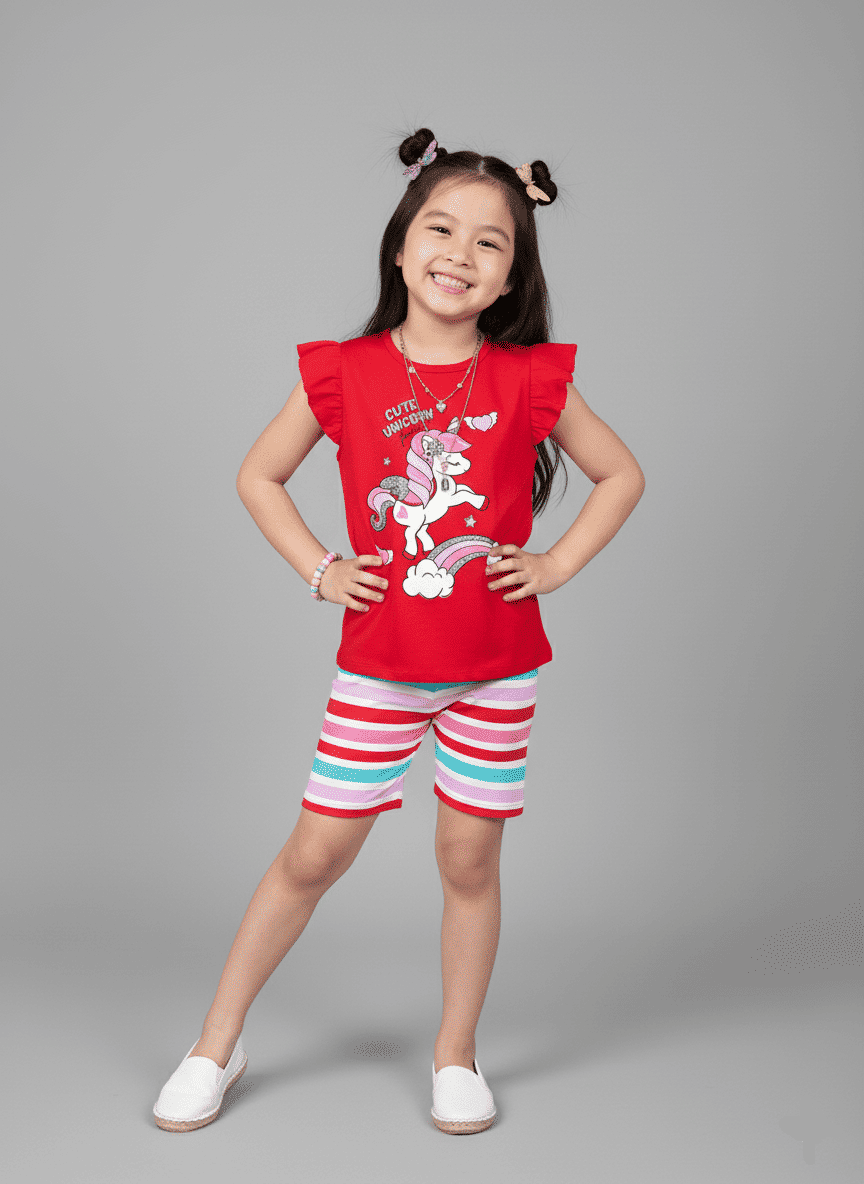 Conjunto Infantil Menina Unicórnio Listrado Vermelho Abrange