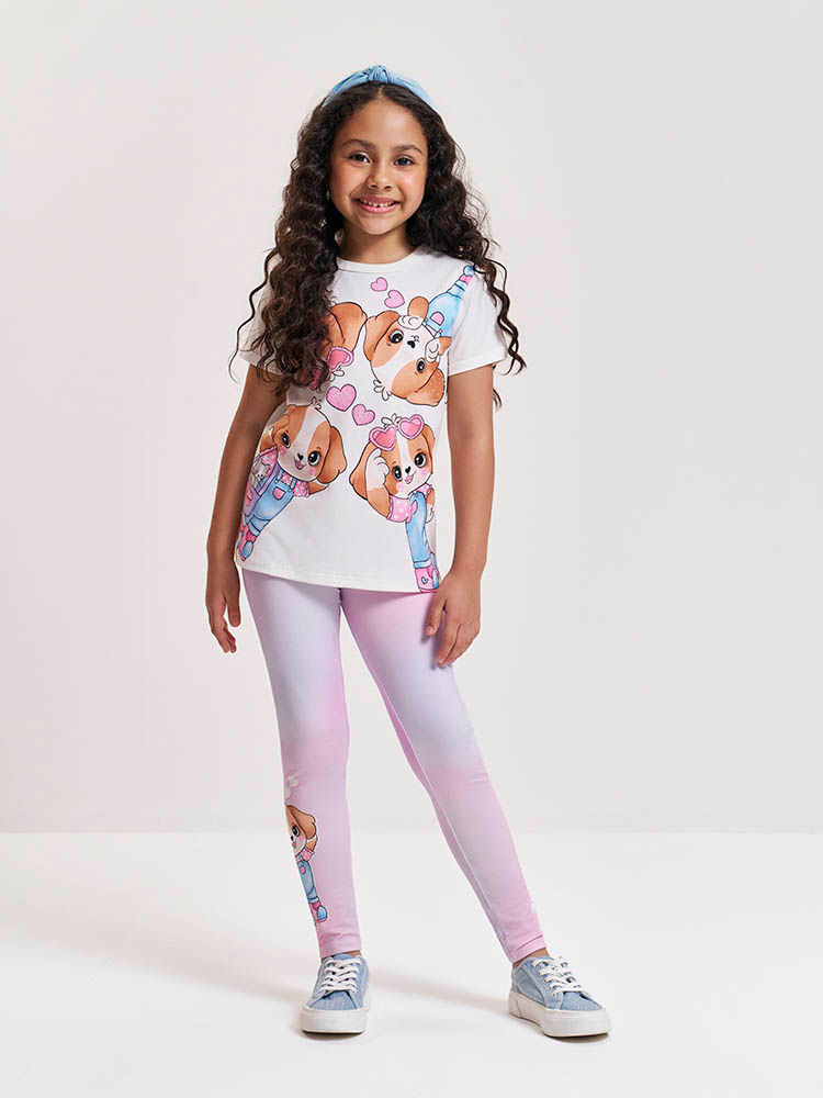 Conjunto Infantil com Blusa Cachorrinhos e Legging em Suplex – Look Menina Verão com Strass NATURAL/RS IOGURTE