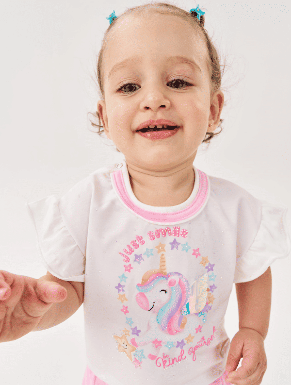 Conjunto Bebê Menina Unicórinio Blusa E Short-Saia Natural E Rosa Cinti