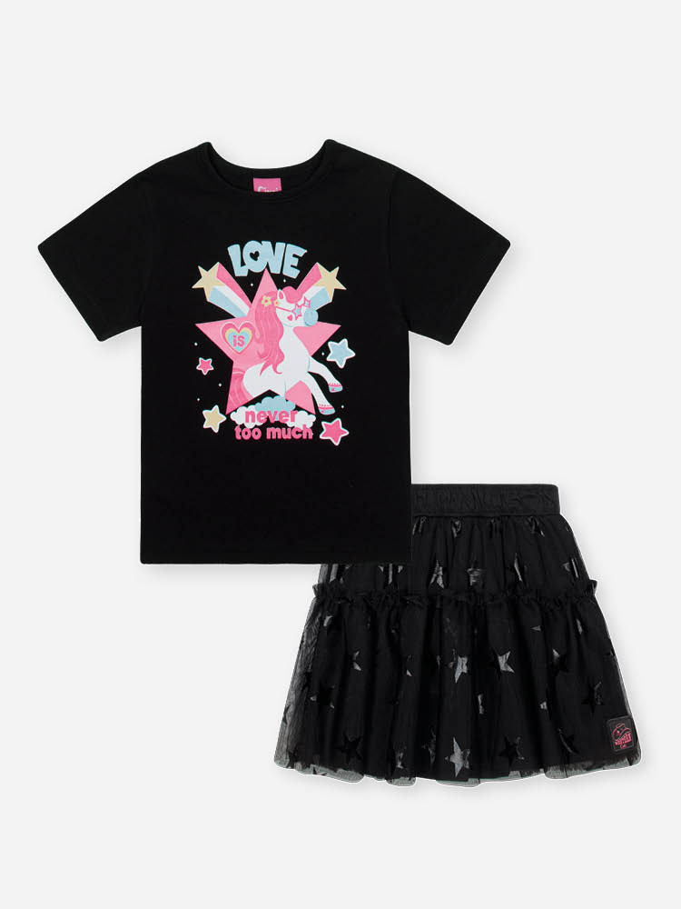 Conjunto Infantil com Blusa em Cotton de Unicórnio e Saia Shorts em Tule de Estrelas – Look Menina V PRETO