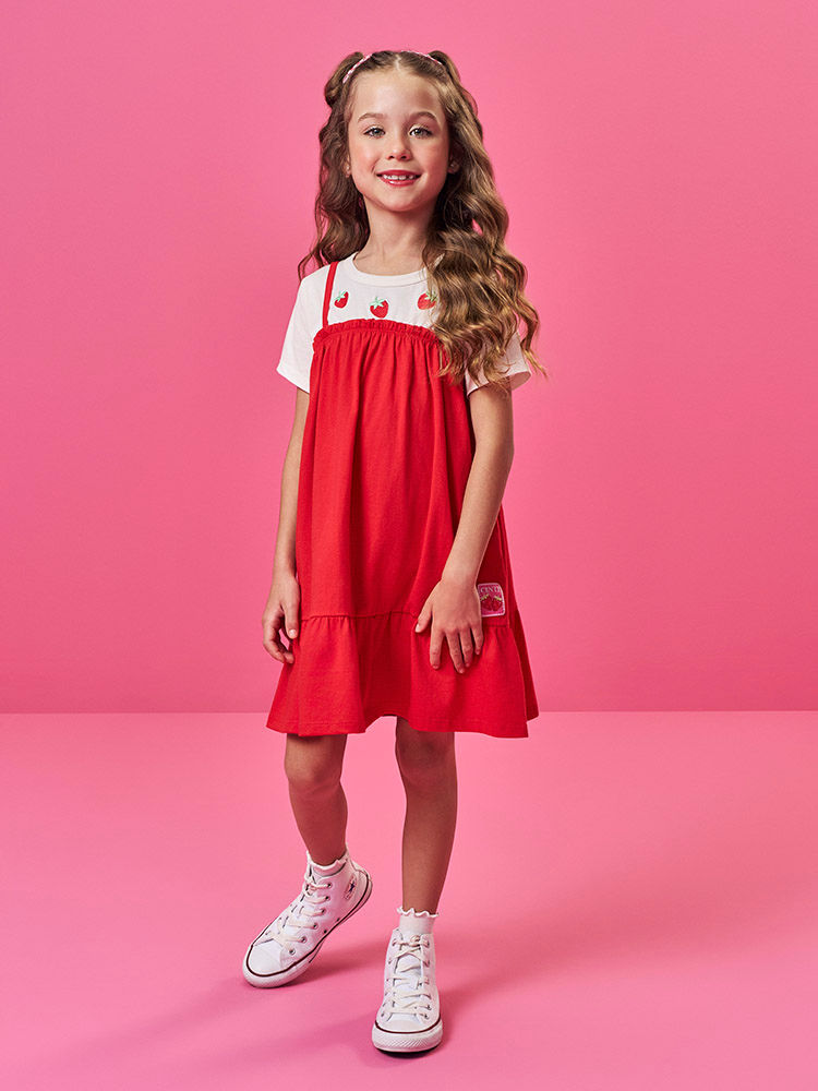 Vestido Infantil em Meia Malha – Vestido Menina Verão Vermelho com Bordado de Morango NATURAL/VM MARTE