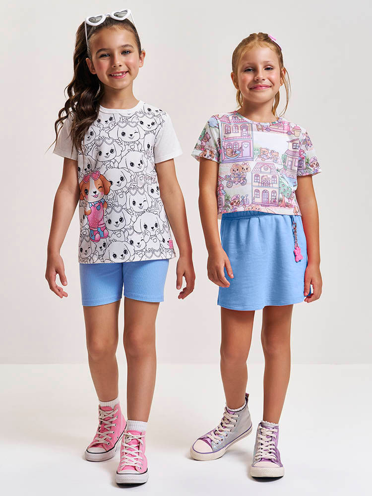 Conjunto Infantil com Regata e Shorts Saia em Moletinho com Kimono em Tule – Look Menina Verão com A NATURAL/AZ PROVENCE