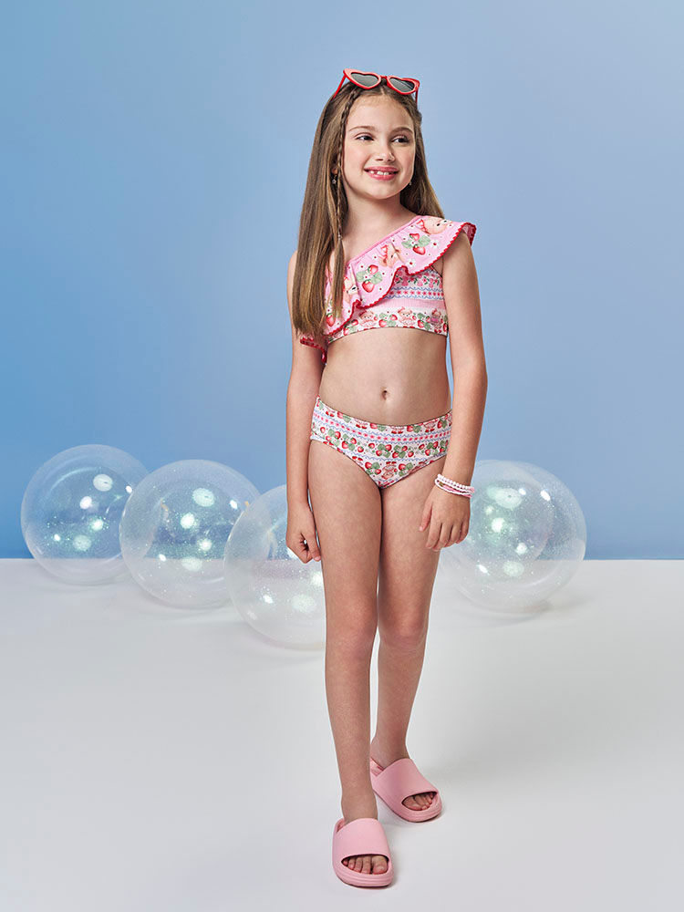 Biquíni Infantil em Malha UV com Estampa de Ursinha e Morangos – Moda Praia Menina Rosa Iogurte ROSA IOGURTE
