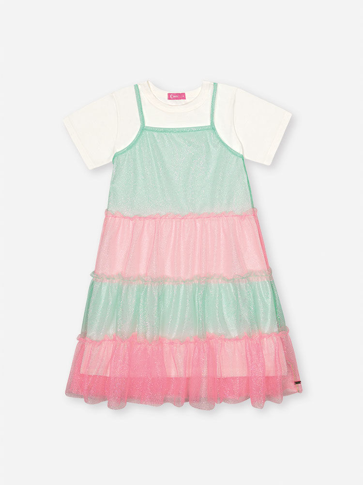 Vestido Infantil Neon Love em Meia Malha com Tule Foil – Vestido Menina Verão Colorido com Sobreposi NATURAL/RS BARBIE/VD BRISA