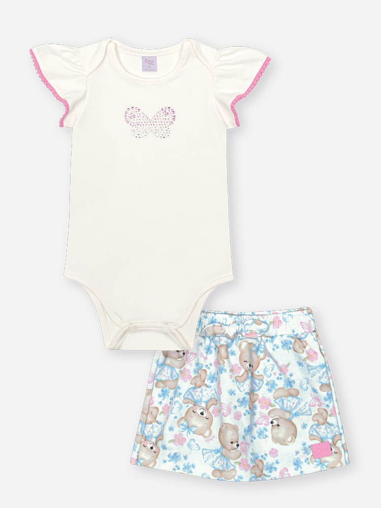 Conjunto Bebê Menina Body com Short-Saia Ursinhas Delicadas – Look Confortável Cinti Baby NATURAL/AZ PORCELANA