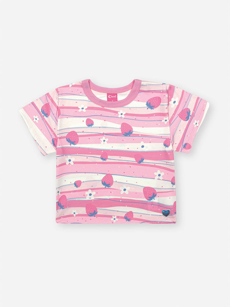 Conjunto Infantil com Regata Cropped em Tricoline e Shorts em Sarja – Look Menina Verão com Morangos RS IOGURTE/VM MARTE