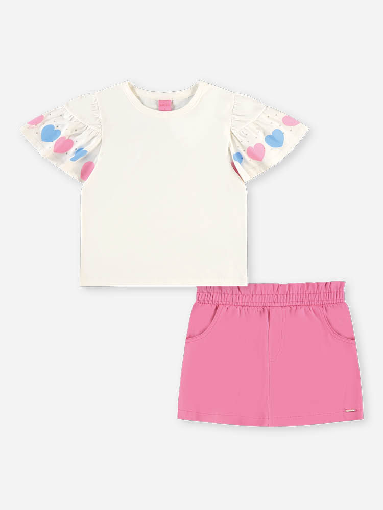 Conjunto Infantil Blusa Corações Coloridos com Strass e Short-Saia