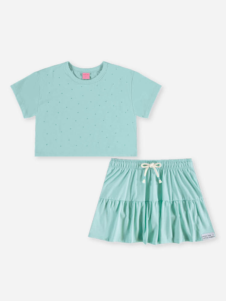 Conjunto Infantil Menina Cropped e Saia-Short com Strass Brisa