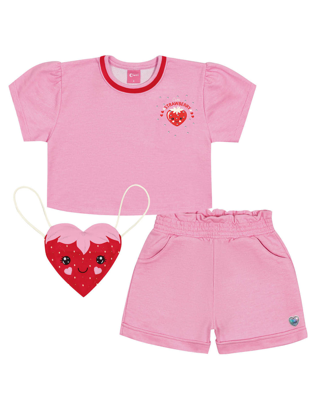 Conjunto Infantil Menina Blusa; Short E Mochila Strawberry Rosa E Vermelho Cinti