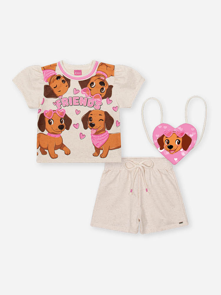 Conjunto Infantil com Blusa Boxy e Shorts com Bolsa – Look Menina Verão com Cachorrinhos OFF WHITE