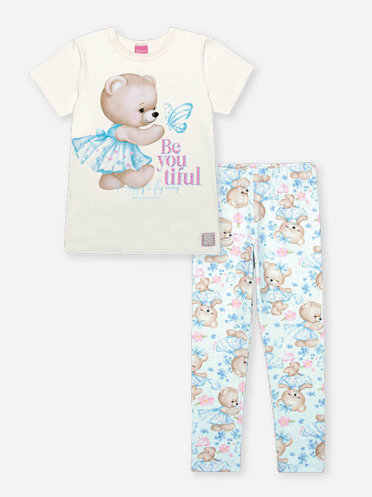 Conjunto Infantil com Blusa 100% Algodão e Legging em Suplex – Look Menina Verão com Ursinha e Stras NATURAL/AZ PORCELANA