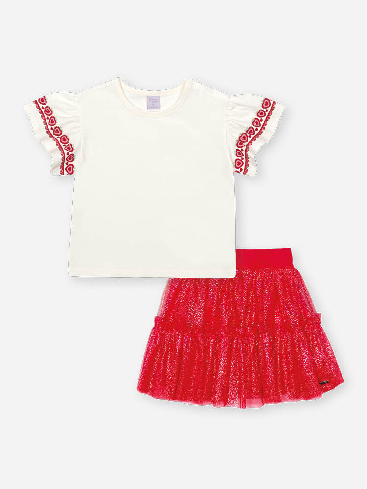Conjunto Bebê Menina com Saia Shorts em Tule Foil – Blusa em Cotton e Look Infantil Festa Cinti Baby NATURAL/VM MARTE
