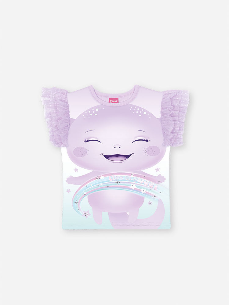 Conjunto Infantil com Blusa Estampa Sara Salamandra e Saia Shorts em Tule Foil – Look Menina Verão c LILAS BRUMA