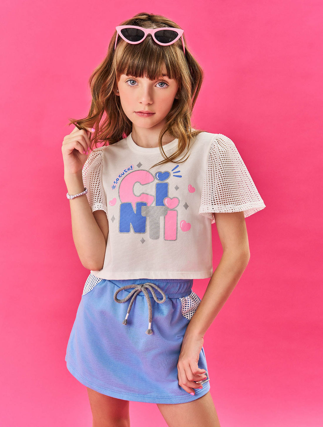 Conjunto Infantil Menina Blusa Cropped E Short-Saia Natural E Rosa Cinti