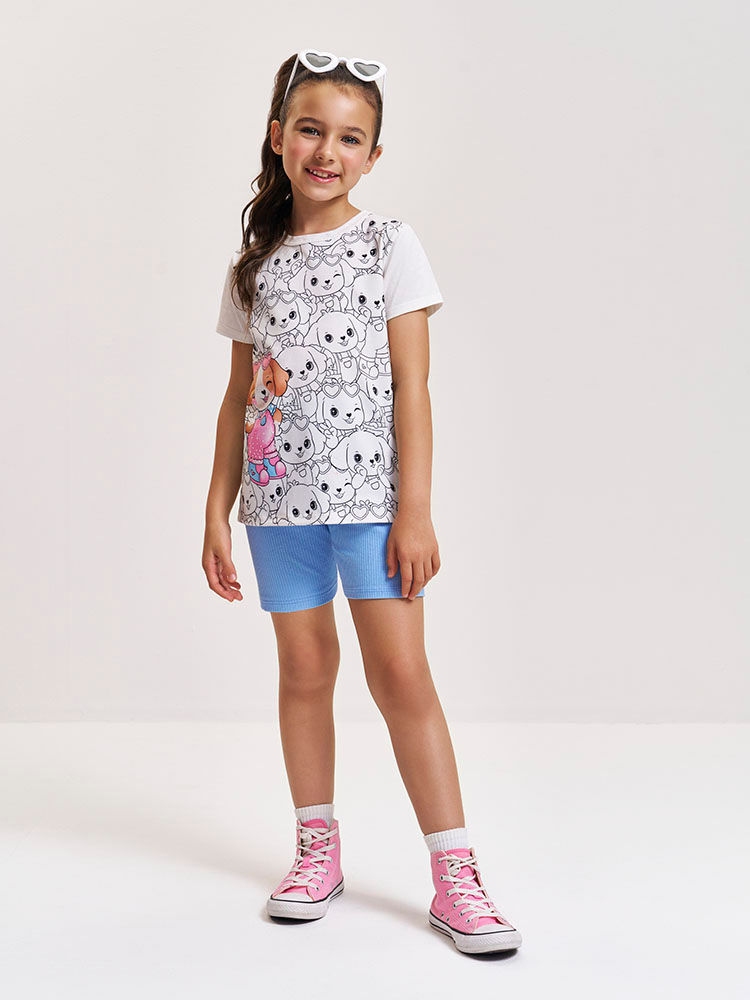 Conjunto Infantil com Estampa de Cachorrinhos e Ciclista em Ribana Glow – Look Menina Verão com Stra NATURAL/AZ PROVENCE