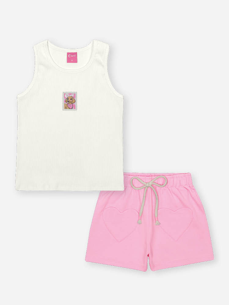 Conjunto Infantil com Regata Canelada Glow e Shorts em Moletinho – Look Menina Verão com Algodão NATURAL/RS IOGURTE