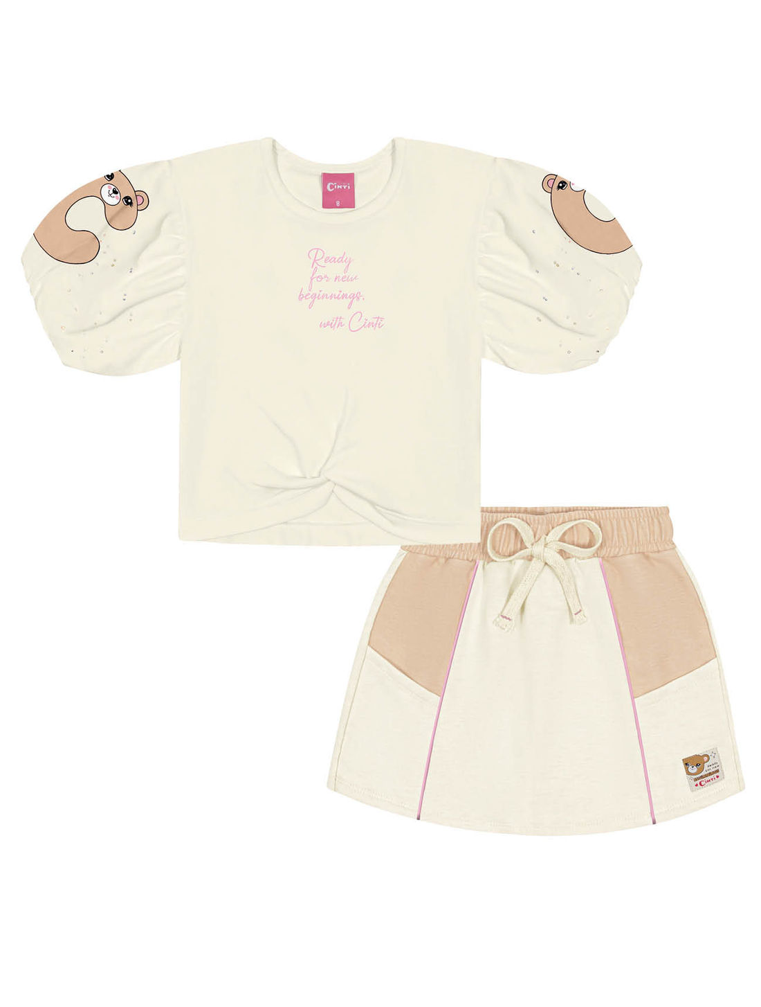 Conjunto Infantil Menina Blusa Cropped E Short-Saia Natural E Bege Cinti Conjunto Infantil Menina Blusa Cropped E Short-Saia Natural E Bege Cinti
