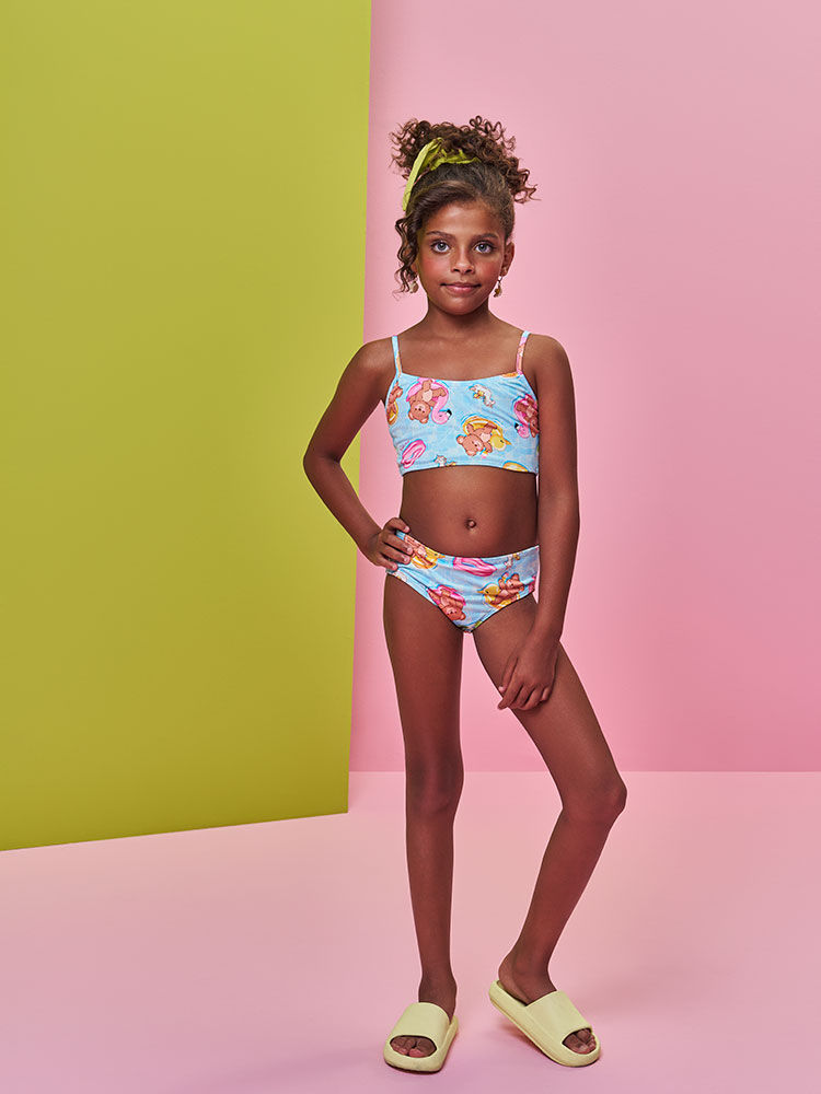 Conjunto Infantil Menina Biquíni e Blusa UV com Ursinho