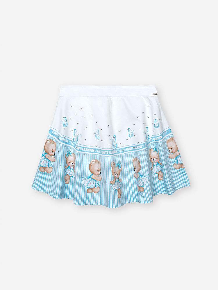 Conjunto Infantil com Blusa de Um Ombro Só e Saia Shorts em Cetim Glow – Look Menina Verão com Stras AZUL PORCELANA