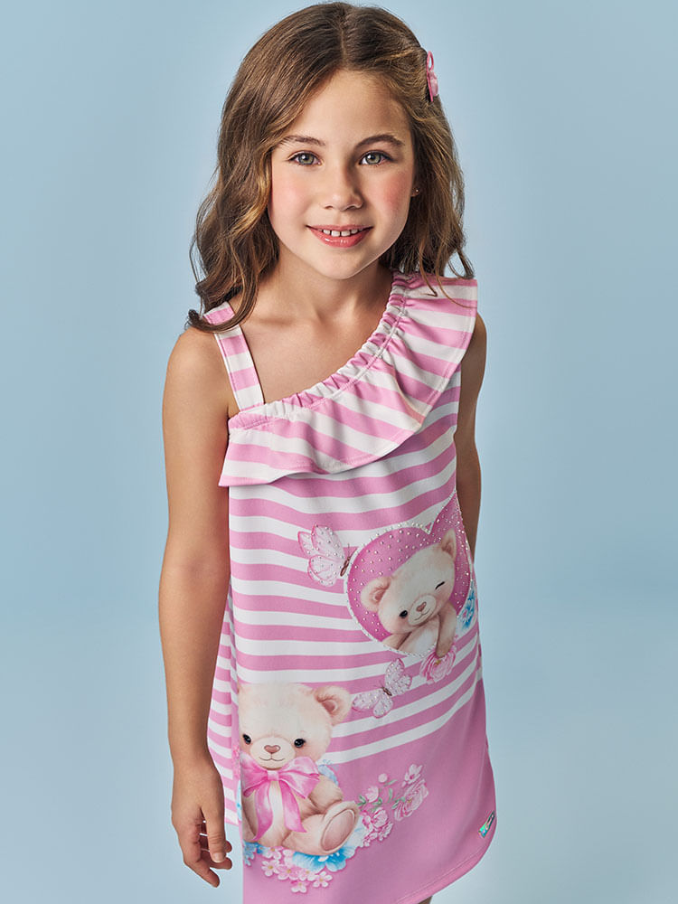 Vestido Infantil Menina Ursinha Listrada Rosa Mundo Cinti