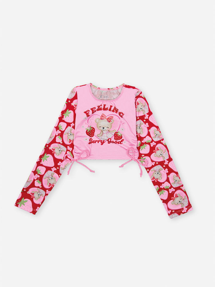 Biquíni Infantil em Malha UV com Estampa de Ursinha e Morangos – Moda Praia Menina Verão com Strass ROSA IOGURTE