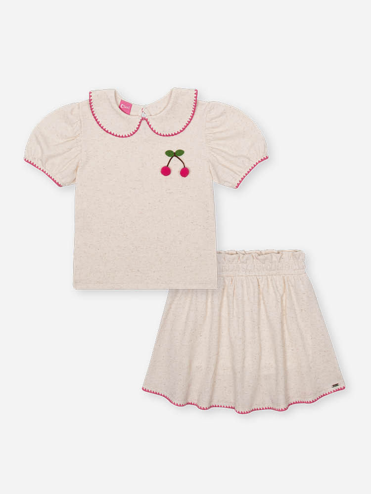 Conjunto Infantil com Blusa Gola Boneca e Saia Shorts em Moletinho Waffle Linho – Look Menina Verão OFF WHITE