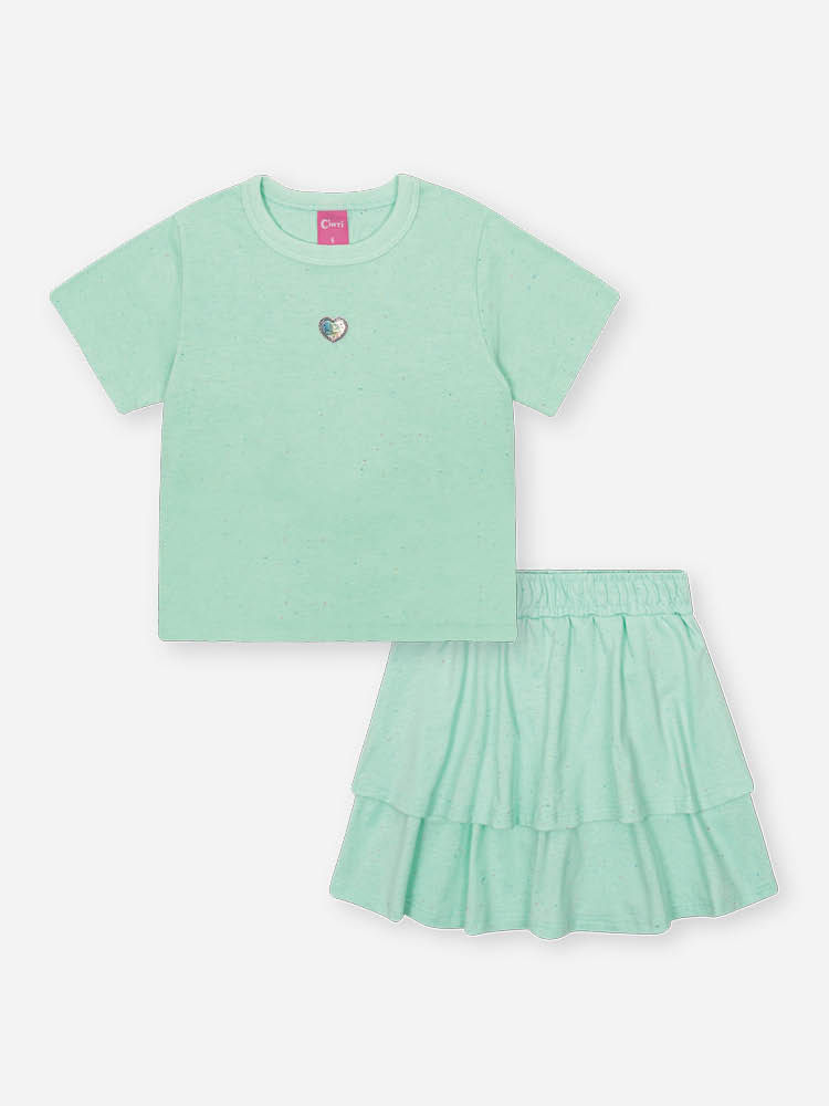 Conjunto Infantil com Blusa e Saia Shorts em Malha Botonê – Look Menina Verão com Algodão VERDE BRISA