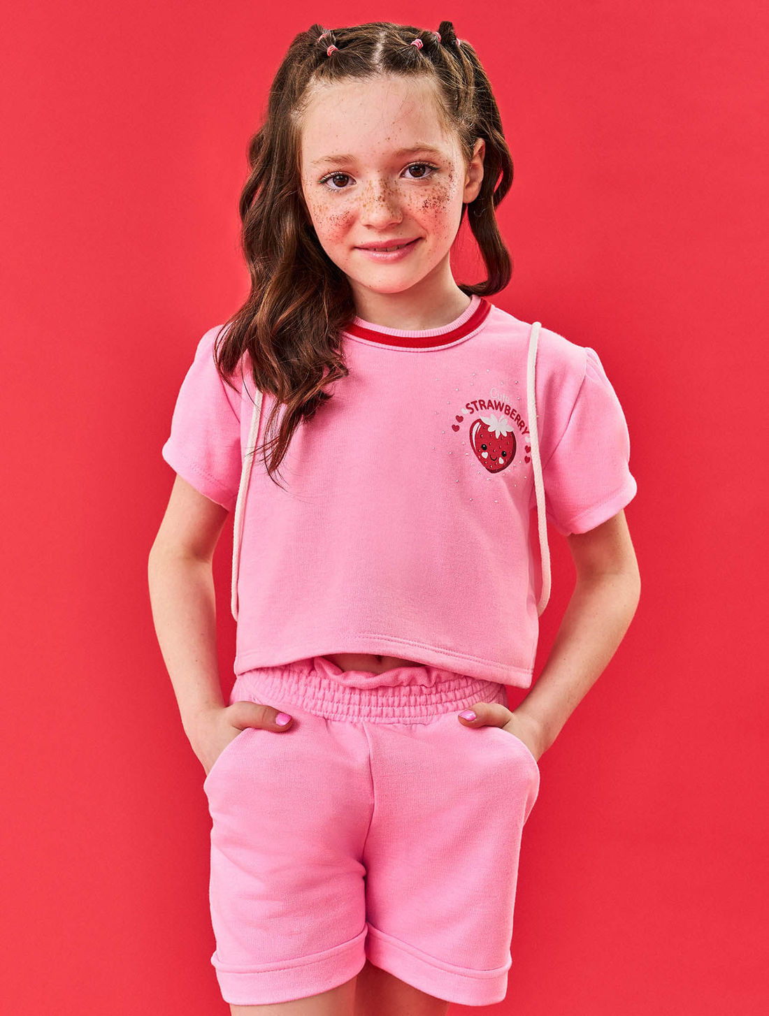 Conjunto Infantil Menina Blusa; Short E Mochila Strawberry Rosa E Vermelho Cinti