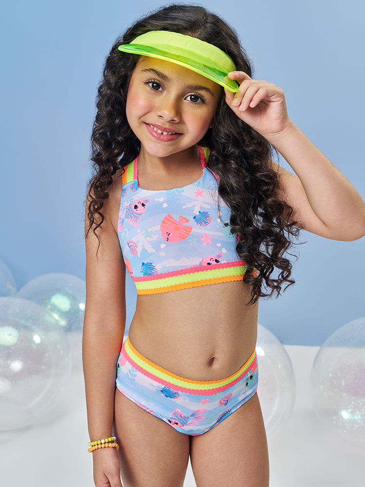 Biquíni Infantil em Malha UV com Estampa de Peixes – Moda Praia Menina Azul Porcelana AZUL PORCELANA