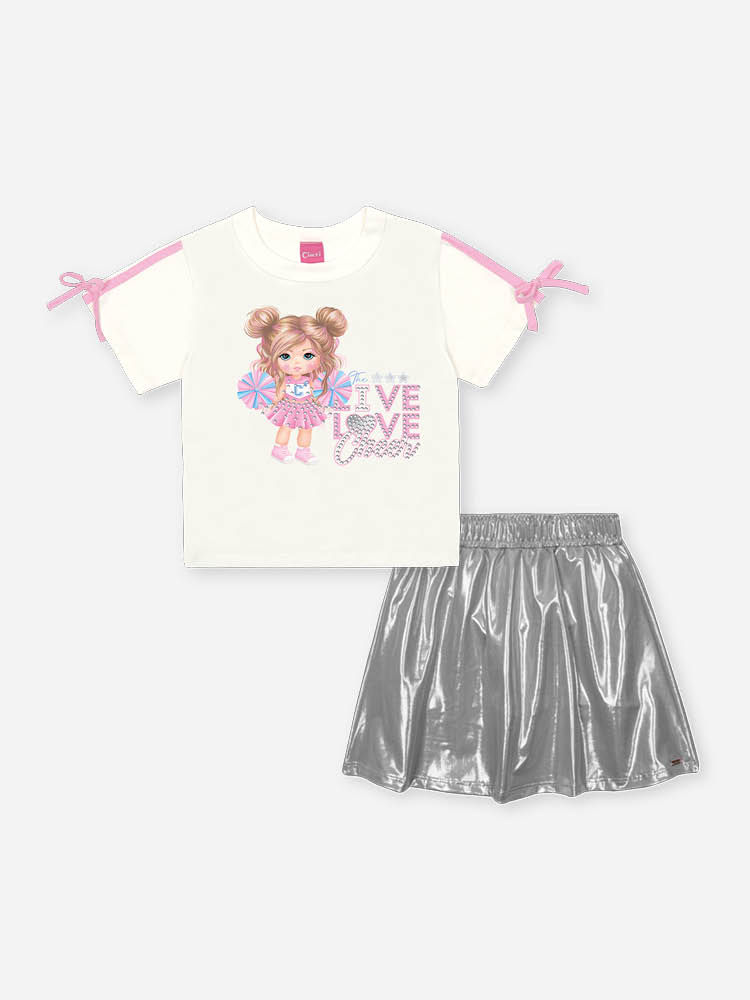 Conjunto Infantil Cheerleader com Saia Shorts Metalizada – Conjunto Menina Fashion Cinti NATURAL/PRATA