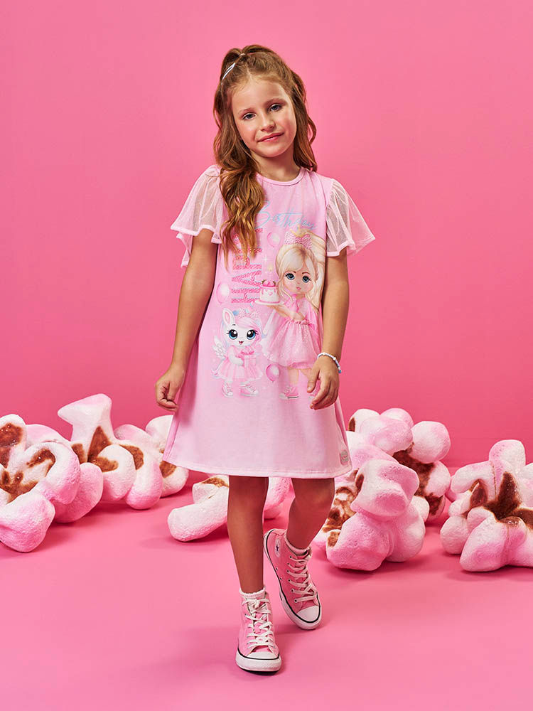 Vestido Infantil Aniversário Menina com Capa em Tule Foil e Coroa – Vestido Birthday Girl Cinti ROSA IOGURTE