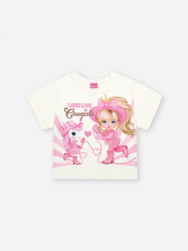 Conjunto Infantil com Blusa Boxy de Princesa Boiadeira e Shorts em Moletinho – Look Menina Verão NATURAL/RS CONFETE