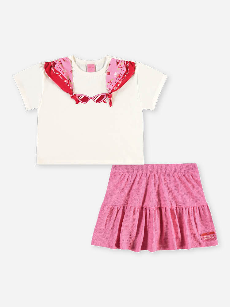 Conjunto Infantil Menina Blusa Boxy Óculos e Saia-Short com Bandana