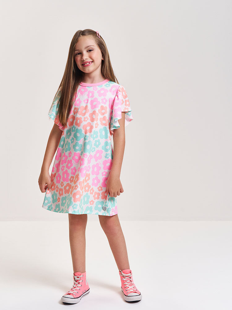Vestido Infantil Neon Love em New Stretch Floral – Vestido Menina Verão com Estampa de Flores Colori ROSA BARBIE