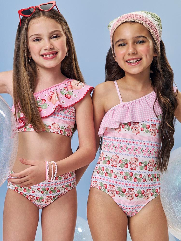 Biquíni Infantil em Malha UV com Estampa de Ursinha e Morangos – Moda Praia Menina Rosa Iogurte ROSA IOGURTE