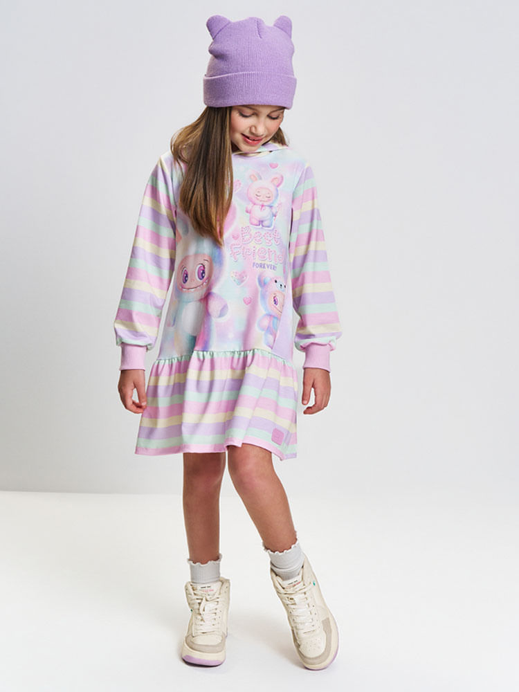 Vestido Infantil Manga Longa Listrado com Capuz – Vestido Menina Monstrinhos Mundo Cinti