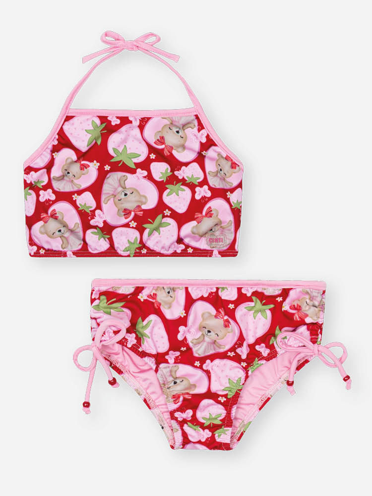 Biquíni Infantil em Malha UV com Estampa de Ursinha e Morangos – Moda Praia Menina Verão com Miçanga ROSA IOGURTE